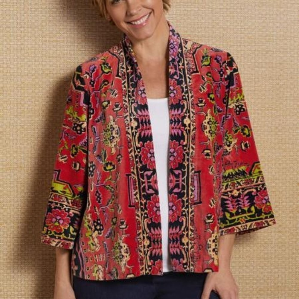 Soft Surroundings Velour Open Front Jacket Sz S Red Ethnic Floral Artsy Boho